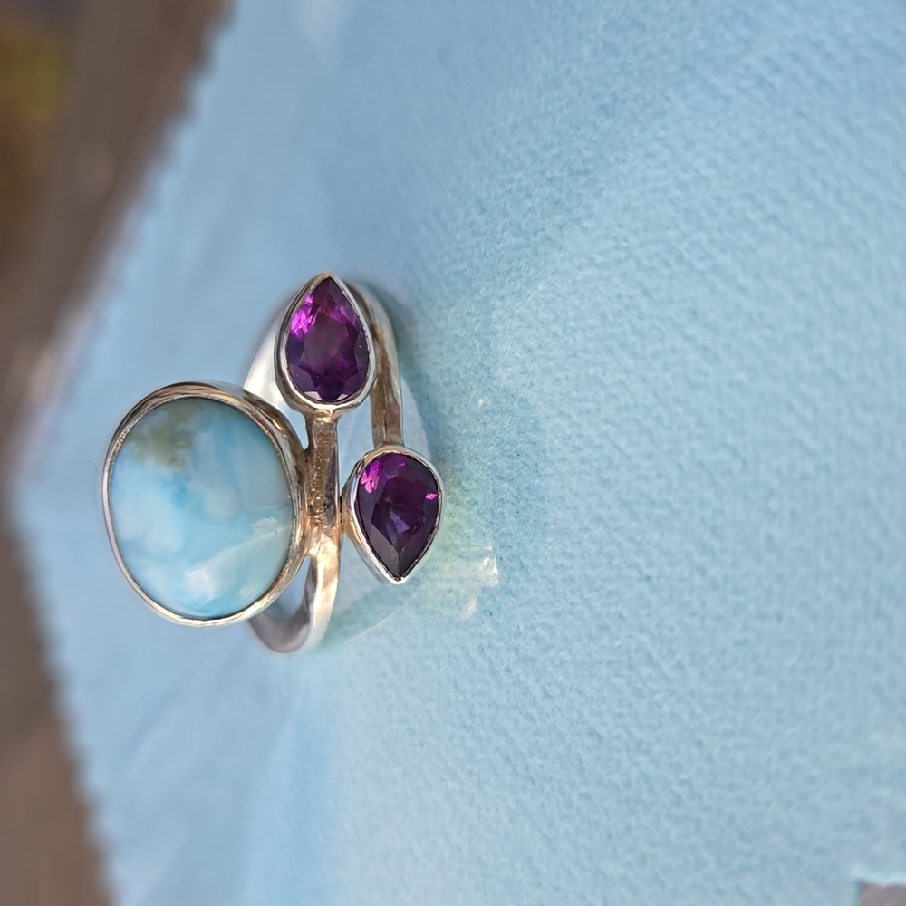 Larimar & Amethyst Solid Sterling Ring - image 1